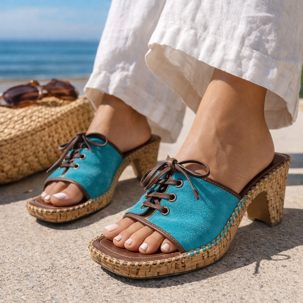 Y2K Boho Cork Heel Mules Lace Up Slide Sandals Turquoise Brown 7 VS Mabelle